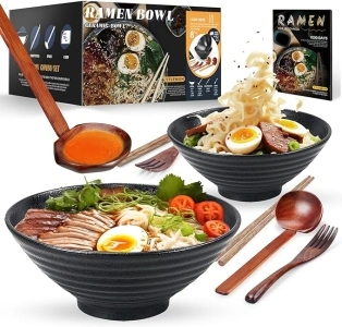 YTLEMON Ceramic Ramen Bowl Set of 2 - Porcelain Japanese Salad Noodles Cereal Fruit Pasta Soup Large Bowls 2×1000 ml 34 Ounces with Recipes Chopsticks Forks and Spoons for Party Camping(Black)