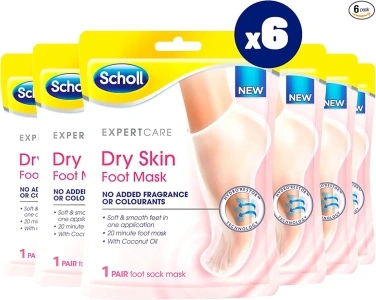 Scholl ExpertCare Dry Skin Foot Mask - Nourishing Foot Mask with Coconut Oil, Urea, and Shea Butter - 24-Hour Moisture for Dry Foot Skin - 6 Pairs of Foot Mask Socks, One Size