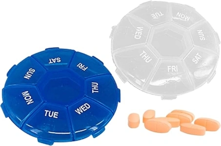 AUTUUCKEE 2 Pcs 7 Day Pill Dispenser, Portable Travel Pill Box Organisers 7 Compartment with Snap Shut Lids Design, Medicine Container for Vitamin Fish Oil Supplements(1*Blue+1*Clear)