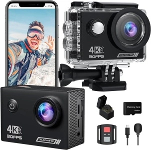 Yolansin 4K30FPS Action Camera with 64GB SD Card, Pre-recording 20MP Underwater Camera, 131FT Waterproof Cameras,2.4G Remote Control 170°Sports Camera, 2 Batteries Helmet Accessories Kit