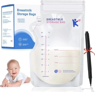 120-Pcs 250ml Breast Milk Storage Bag Breastfeeding with Pen - Breastmilk Storage Bag with Pour Spout Space Saving for Fridge & Freezer | Breast Milk Collector Self-Standing & Flat Pre-sterilized Bag