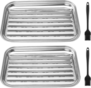 2pcs Non Stick Baking Trays Small Baking Tray Stainless Steel Roasting Tray Rectangle Grilling Basket Barbecue Steel Pan Tray with 2 Oil Brushes for Baking Cooking Serving(Size:13.3x9.4in)