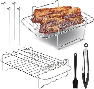 Air Fryer Rack 12-Piece Set, Stainless Steel Air Fryer Rack Compatible with Nin-ja Dual Zone Air Fryer, Air Fryer Accessories with 8 Skewers and Oil Brush & Kitchen Tongs