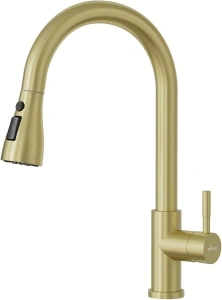 APPASO Gold Kitchen Tap, Kitchen Sink Taps Mixer with Pull Out Spray, Kitchen Mixer Tap with 3 Spary Modes, 360° Swivel Single Handle Gold Tap for Kitchen Stainless Steel Brushed Gold-Double Broom