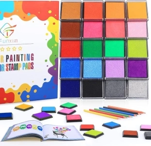 Fingerprint Activities Set for Little Artists, Finger Stamp Book of Animals and Fruits with 20 Ink Pads (Washable) and 6 Colored Pencils