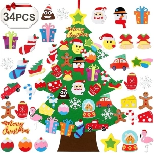 Diy Felt Christmas Tree Decorations,Wall Christmas Tree Decorations For Toddlers/Kids,3.1ft Fuzzy Velcro Felt Christmas Tree With 34Pcs Christmas Ornaments For Kids,Handmade Christmas Door Wall Decor