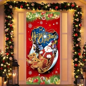 Merry Christmas Door Cover, Christmas Door Decoration Banner, Red Santa Sled Christmas Banner Background Decor, Fabric Xmas Door Hanging Banner Backdrop for Christmas Party Supplies Indoor Outdoor