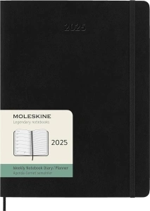 Moleskine Weekly Planner, Weekly Agenda with Space for Notes 12 Months 2025, Soft Cover and Elastic Closure, Black Color, Extra Large Format 19x25 cm