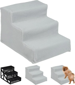 Relaxdays Dog Stairs, 3 Steps, Large & Small Pets, Access Ramp, Climbing Aid Couch, Cover, 30x35x45 cm, Grey, PP, polyester, gray, Pack of 1