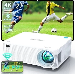 WISELAZER Video Projector 5G WiFi Bluetooth Native 1080P Support 4K, Built-in Dust Filter/AirPlay/Miracast/4-Point Keystone/Zoom, Home Cinema HD Projectors for Smartphone (White)