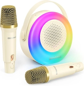 BlitzMax Karaoke Machine, Portable Bluetooth Karaoke, Karaoke Machine with 2 Wireless Microphones, Speaker Portable with LED Lights and Voice Changing Effects, Girls Toys Gift for Kids Beige