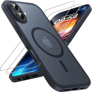 TOCOL 3 in 1 Magnetic for iPhone 16 Case 6.1-Inch, Fit for MagSafe, with 2 HD Screen Protector, [Full Camera Protection] 14FT Military Shockproof Translucent Matte Back Slim Phone Cover (Black)