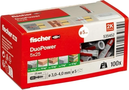 Fischer 535452 DuoPower 5 x 25, Universal Plug with Intelligent 2-Component Technology for fastenings in Concrete, Bricks, Gypsum plasterboard, chipboard, etc., 100 Plugs Without Screws