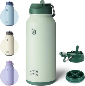 Bottle Bottle Insulated Water Bottle 950ml(32oz) Stainless Steel Sports Water Bottles with Straw Dual-use Lid Drink Flask Design for Gym with Pill Box (Green)