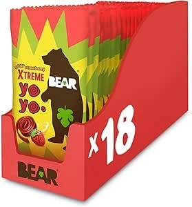 BEAR Super Sour Strawberry & Apple Yoyos - Dried Fruit Rolls - Healthy - Vegan - 20g (18 packs)