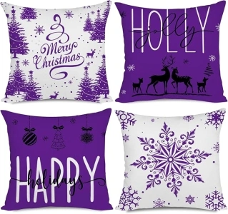 Miaikoe Purple Christmas Cushion Covers 45x45 Set of 4 Christmas Decorations Happy Holidays Holly Jolly Snowflake Merry Christmas Decor Throw Cushion Case for Home Couch Sofa Deco