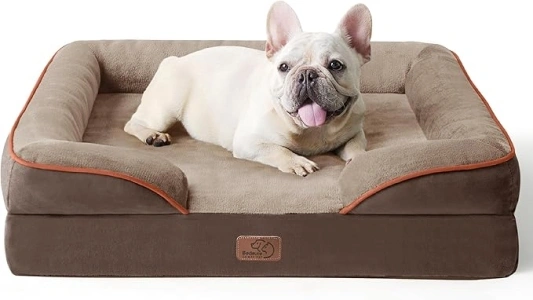 Bedsure Medium Dog Sofa Bed - Washable Orthopedic Dog Beds and Couch with Removable Flannel Zipper Cover, Brown, 71x58x16cm