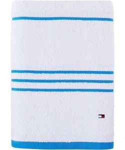 Tommy Hilfiger Modern American Stripe Bath Towel, 30 X 54 Inches, 100% Cotton 574 GSM (White/Swedish Blue)