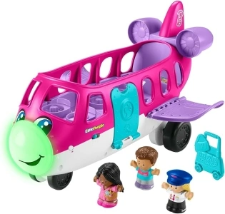 Fisher-Price Little People Barbie Toy Airplane for Toddlers with Lights Music and Folding Stairs, Little Dream Plane, 4 Play Pieces, Multi-Language Version, HRC38