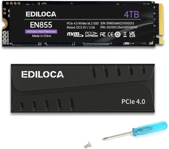 Ediloca EN855 Internal Gaming SSD with Heatsink 4TB PCIe Gen4, Up to 7400MB/s, NVMe M.2 2280, 3D TLC NAND Flash, Solid State Drive, Configure DRAM Cache, Compatible with PS5 and PC