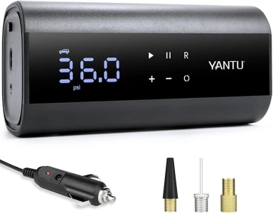 YANTU Wired Tyre Inflator Portable Air Compressor for Car 12V, Electric Tyre Pump, Dual Cylinder, Auto Air Pump with Digital Pressure Gauge for SUV/Car/Bicycle/Bike/Moto - Black