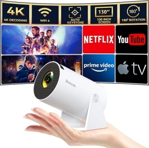 Polocsh Projector, Mini Projector with WiFi6 and BT5.2, Portable Projektor 4k Full HD1080P Support, Auto Keystone, 180° Rotatable, Smart Outdoor Projector with Android OS 11.0, White