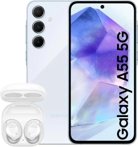 Samsung Galaxy A55 5G, Factory Unlocked Android Smartphone, 128GB, 8GB RAM, Awesome Iceblue Galaxy Buds FE Wireless Earbuds (UK Version)