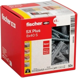 fischer 568208 Expansion SX Plus S, Box of 50 Nylon Matching Screws, dowels for Optimal Hold When Fixing, Solid, aerated Concrete, Perforated Bricks and Much, Standard, 8 x 40 mit Schraube