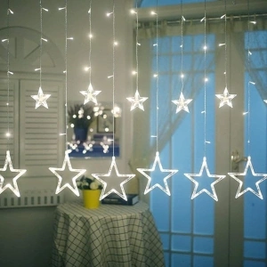 iShabao Christmas Star Curtain Lights, 138 LED Curtain Fairy Lights with 12 Stars, 8 Modes Christmas Window Lights for Xmas Tree, Party, Wedding, Garden, Bedroom, Christmas Decorations (White)