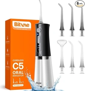 Bitvae Water Flosser for Teeth Cordless, 3 Modes & 5 Intensities Water Flossers, Oral Irrigator with 6 Jet Tips, Dental Flosser Water Jet IPX7 Waterproof Available in Shower, USB Rechargeable