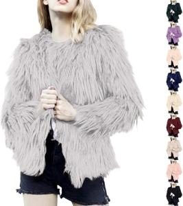 Women's Faux Fur Coat Fashion Short Artificial Fur Overcoat Warm Furry Sweater Casual Solid Thick Outerwear Plain Long Sleeve Crew Neck Jacket