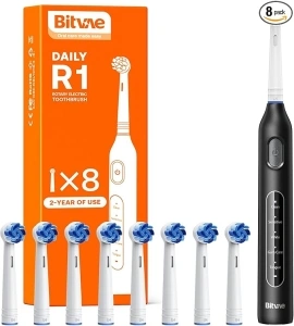 Bitvae R1 Rotating Electric Toothbrush with 8 Brush Heads for Adults and Kids, 60-Day Battery Life, 5 Modes Rechargeable Power Toothbrush with 2-Minute Smart Timer, Black