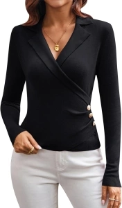 GRACE KARIN Women's Long Sleeves Sweater Slim Fit Lapel Collar Wrap Tops Casual V Neck Knit Jumpers