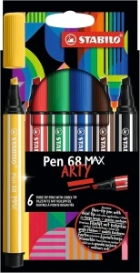 Premium Fibre-Tip Pen with Chisel Tip - STABILO Pen 68 MAX - ARTY - Pack of 6 - Assorted Colours