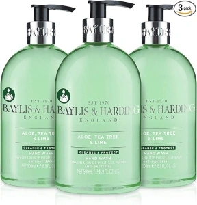 Baylis & Harding Aloe, Tea Tree & Lime Anti-Bacterial Hand Wash, 500 ml (Pack of 3) - Vegan Friendly