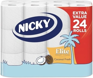 Nicky Elite Coconut Fresh Toilet Tissue - 24 Rolls of White Toilet Paper, 168 Sheets per Roll, 3-Ply, Exotic Coconut Scent, Softeness and Comfort to the Skin, Easy Open Pack, 100% FSC Certified Paper