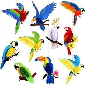 10 Pieces Tropical Birds Honeycomb Paper Cutouts, Parrot Honeycomb, Hawaiian Summer Beach Luau Party Hanging Decorations for Tiki Bar Luau Summer Party Home Classroom Supplies