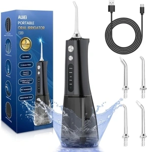 AUIEI Water Flosser for Teeth Cordless, Professional Oral Irrigator 5 Modes & 4 Jet Tips USB-C Rechargeable Teeth Cleaner Portable 300ML Dental Tooth Care Tool Kits Home Use Travel (Black)