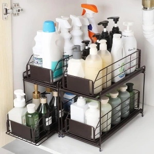 CADUKE 2-Tier Under Sink Storage Organizer, Set of 2 Under Sink Cupboard Organizer Storage with Sliding Basket Drawer, Multi-Purpose Space Saving Under Sink Shelf for Bathroom Kitchen, Brown