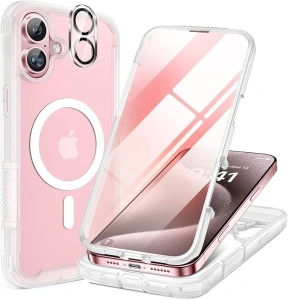 Miracase Magnetic Case for iPhone 16 Case 6.1-Inch, Full Body Bumper Clear Back Cover Compatible with MagSafe and Built-in 9H Tempered Glass Screen Protector + Camera Lens Protector (Matte Clear)