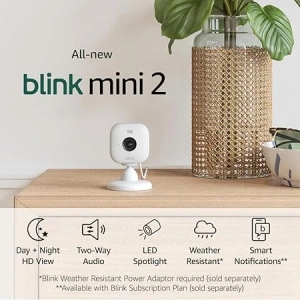 All-New Blink Mini 2 – Plug-in smart security camera, HD night view in colour, built-in spotlight, two-way audio, motion detection, works with Alexa (White)