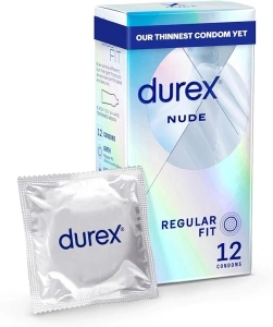 Durex Nude, Condoms, Regular Fit, 12s, Ultra Thin, Designed To Feel It All, With Silicone Lube