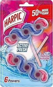 Harpic Active Fresh Toilet Rim Block Twin Pack, Tropical Blossom, Pack of 1, Anti-Limescale, Dirt Remover, Lasts up to 10 weeks and up to 500 flushes, Toilet Cleaner, Toilet Freshener