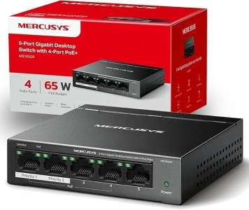 MERCUSYS 5-Port Gigabit Desktop Ethernet Switch with 4-Port PoE+, PoE Power Budget 65W, compatible with 802.3af/at PDs, Power management, metal case, Plug & Play, No Configuration Required (MS105GP)