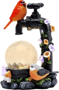 TERESA'S COLLECTIONS Garden Ornaments Outdoor, Orange Robin Bird on Faucet with Crackle Glass Ball, Waterproof Resin Ornaments, Garden Decorations Gifts Indoor Outdoor 21CM