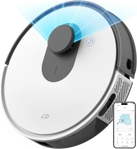 OKP 3800Pa Laser Navigation Robotic Vacuum, Logical Route Planning and Multi-Floor Mapping, Smart Self Charging Lidar Robot Vacuum Cleaner, Intelligent for Pet Hair (Grayish white)