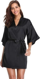 Vlazom Womens Kimono Robes Dressing Gown Satin Bathrobe Nightdress Short Style Bridal Robe with Oblique V-Neck