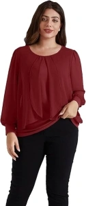 Hanna Nikole Women's Plus Size Chiffon Long Sleeve Blouse Round Neck Chiffon Shirts Lantern Sleeve Chiffon Tops