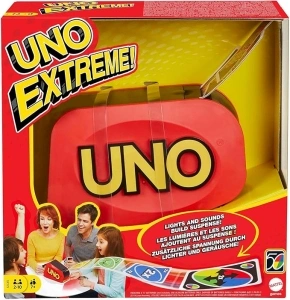 Mattel Games UNO Extreme, Family Card Game for Kids and Adults for Party Game Night, Card Launcher Twist on UNO Card Game, 2 to 10 Players, Ages 7 and Up, GXY75