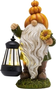 TERESA'S COLLECTIONS Autumn Decorations, Garden Ornaments Outdoor, Lovely Gnome with Pumpkin Hat, Sunflower and Solar Lights, Waterproof Resin Ornaments, Autumn Gifts 29.5CM